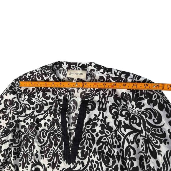 Jones New York Sport Womens Medium Tunic Top Black White Damask Print 3/4 Sleeve - Picture 9 of 11